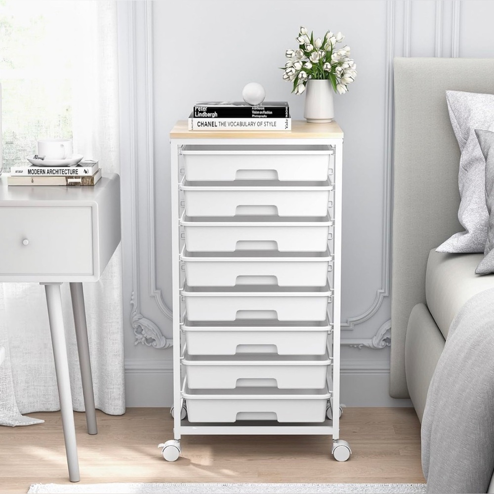 Rolling Storage Cart with Drawers,Utility Cart With 8 Drawers and Wooden Tableto